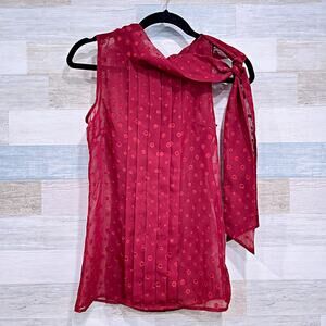 BANANA REPUBLIC Sheer Embroidered Dot Tie Neck Blouse Red Sleeveless Womens 0
